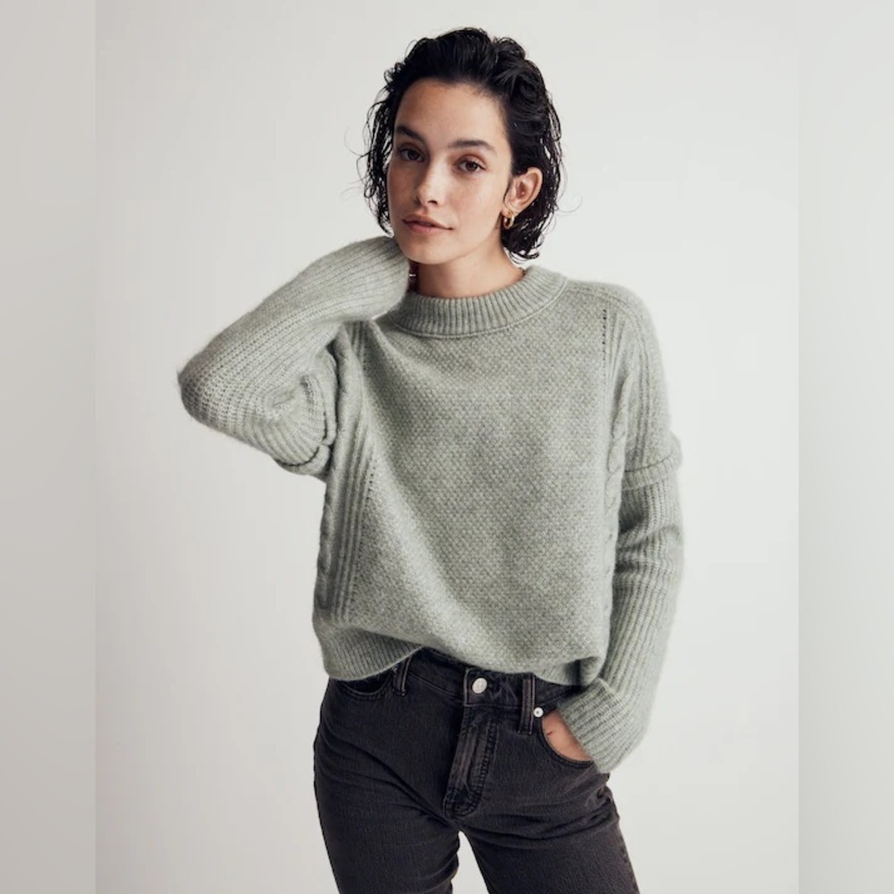 Madewell Cozy Green Cable Havener Knit Sweater medium wool/alpaca blend cozy